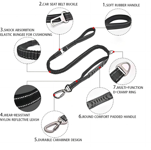 Pet Leash - Elastic Shock Absorption, Car Seat Belt Clip and Highly Reflective Thread, Double Safety Lock, 1.16-1.65M，Suitable for Medium Dogs,