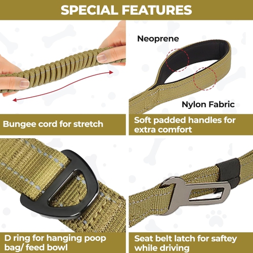 Pet Leash- Elastic Shock Absorption, Car Seat Belt Clip and Highly Reflective Thread, Double Safety Lock, 1.16-1.65M，Suitable for Medium Dogs,