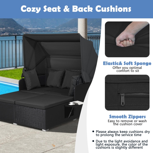 Gymax Patio Rattan Daybed Lounge Retractable Top Canopy Side Tables Cushions Beige Outdoor