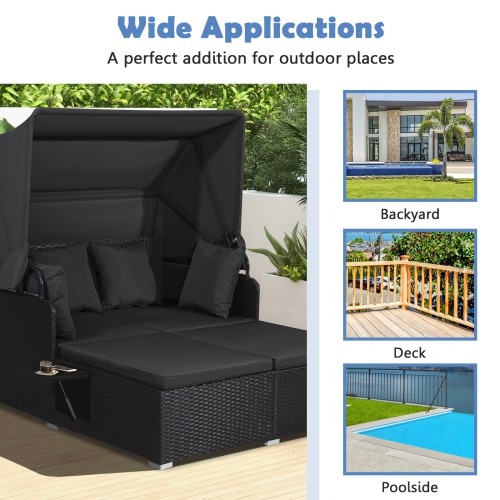 Gymax Patio Rattan Daybed Lounge Retractable Top Canopy Side Tables Cushions Beige Outdoor