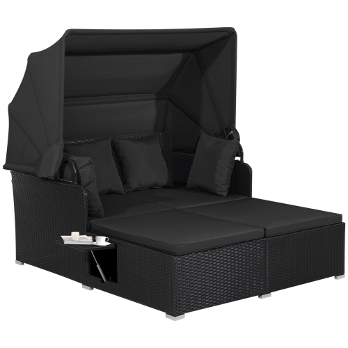 Gymax Patio Rattan Daybed Lounge Retractable Top Canopy Side Tables Cushions Beige Outdoor