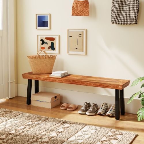 Gymax Outdoor Acacia Wood Benches Set of 2 w/ Slatted Top & Flared Metal Legs