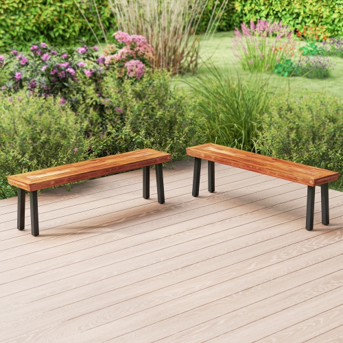 Gymax Outdoor Acacia Wood Benches Set of 2 w/ Slatted Top & Flared Metal Legs