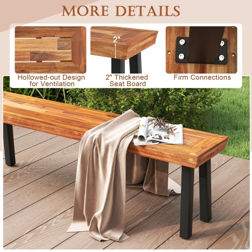 Gymax Outdoor Acacia Wood Benches Set of 2 w/ Slatted Top & Flared Metal Legs