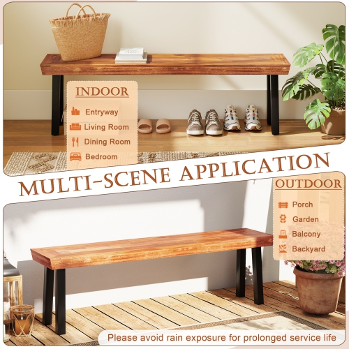 Gymax Outdoor Acacia Wood Benches Set of 2 w/ Slatted Top & Flared Metal Legs