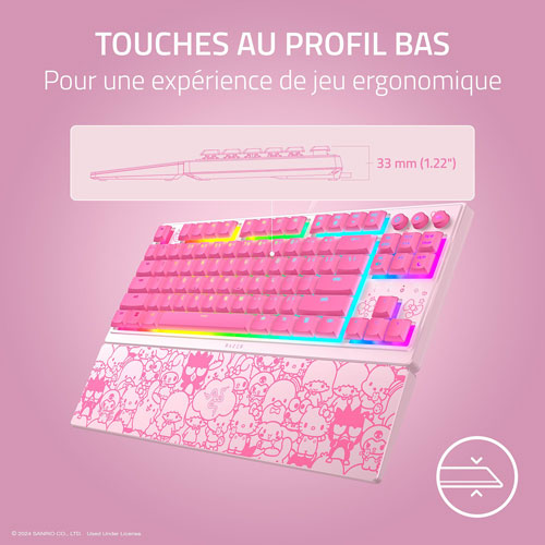 Clavier de jeu rétroéclairé sans pavé numérique à commutateurs à méca-membrane Hello Kitty de Razer