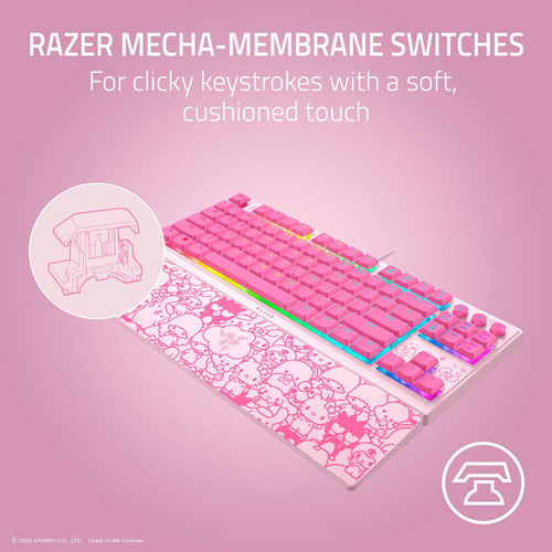 Clavier de jeu rétroéclairé sans pavé numérique à commutateurs à méca-membrane Hello Kitty de Razer