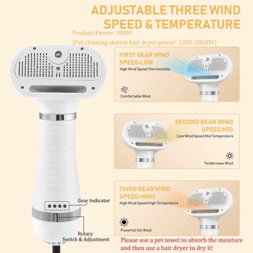 4-in-1 Pet Grooming Steam Comb & Hair Dryer with Water Tank, 3 Heat Settings, Shedding Brush for Cats and Dogs, Home Washing Station Tool