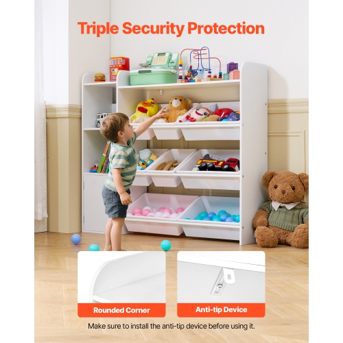 VEVOR 4-Tier Kids Toy Storage and Bookshelf, Toy Storage Organizer with 8 Flexible Plastic Bins, Kids Cubby Cabinet with Bookshelf for Study Room,