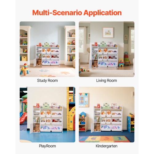 VEVOR 4-Tier Kids Toy Storage and Bookshelf, Toy Storage Organizer with 8 Flexible Plastic Bins, Kids Cubby Cabinet with Bookshelf for Study Room,