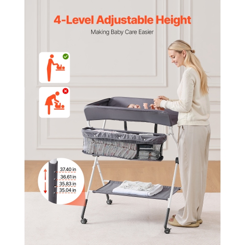 VEVOR Baby Changing Table, Foldable Diaper Change Station with Side Basket, Adjustable Height Portable Changing Table with Lockable Wheels,