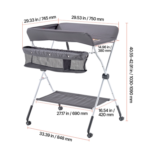 VEVOR Baby Changing Table, Foldable Diaper Change Station with Side Basket, Adjustable Height Portable Changing Table with Lockable Wheels,