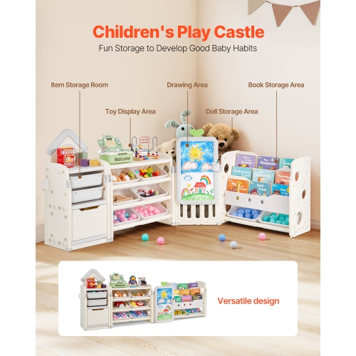 VEVOR 4-Tier Kids Toy Storage with Bookshelf, Large Toy Storage Organizer with 10 Plastic Movable Bins, Kids Cubby Cabinet with Bookshelf and Drawing