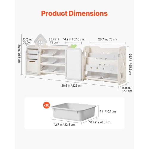 VEVOR 4-Tier Kids Toy Storage with Bookshelf, Large Toy Storage Organizer with 10 Plastic Movable Bins, Kids Cubby Cabinet with Bookshelf and Drawing
