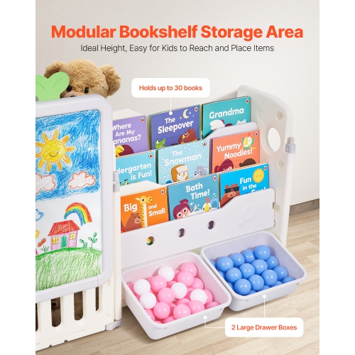 VEVOR 4-Tier Kids Toy Storage with Bookshelf, Large Toy Storage Organizer with 10 Plastic Movable Bins, Kids Cubby Cabinet with Bookshelf and Drawing