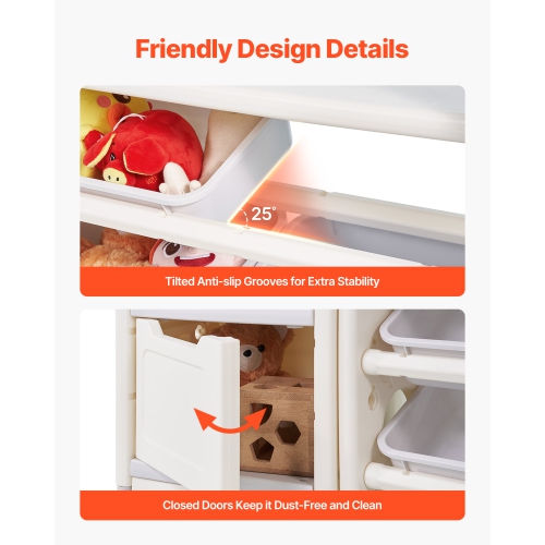 VEVOR 4-Tier Kids Toy Storage with Bookshelf, Large Toy Storage Organizer with 10 Plastic Movable Bins, Kids Cubby Cabinet with Bookshelf and Drawing