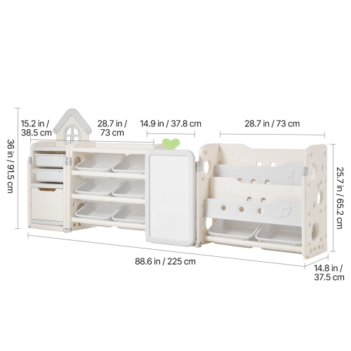 VEVOR 4-Tier Kids Toy Storage with Bookshelf, Large Toy Storage Organizer with 10 Plastic Movable Bins, Kids Cubby Cabinet with Bookshelf and Drawing