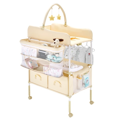 VEVOR 2 Drawers Baby Changing Table, Foldable Diaper Change Station, Side Basket & Hanging Rod, Adjustable Height Changing Table with Lockable Wheels