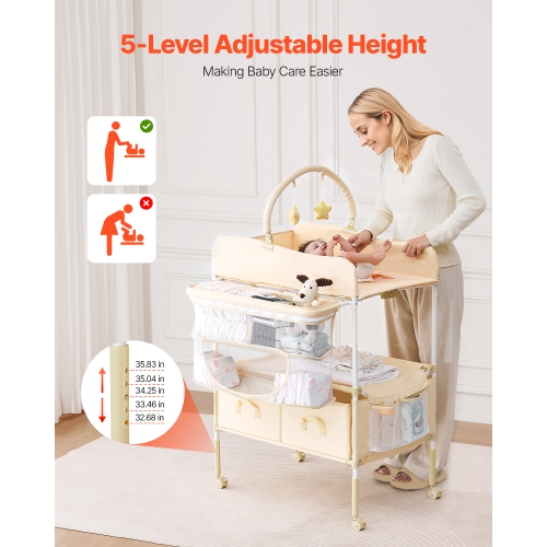 VEVOR 2 Drawers Baby Changing Table, Foldable Diaper Change Station, Side Basket & Hanging Rod, Adjustable Height Changing Table with Lockable Wheels