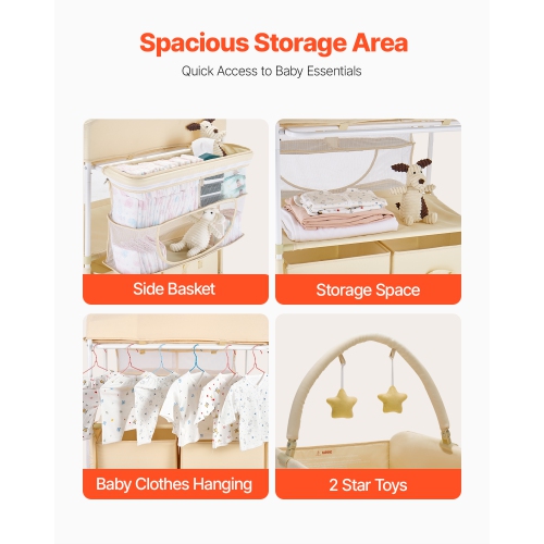 VEVOR 2 Drawers Baby Changing Table, Foldable Diaper Change Station, Side Basket & Hanging Rod, Adjustable Height Changing Table with Lockable Wheels