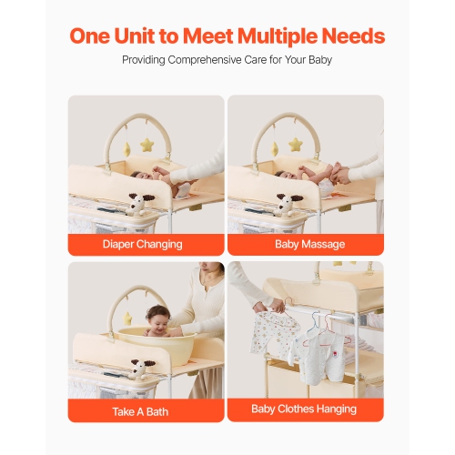 VEVOR 2 Drawers Baby Changing Table, Foldable Diaper Change Station, Side Basket & Hanging Rod, Adjustable Height Changing Table with Lockable Wheels