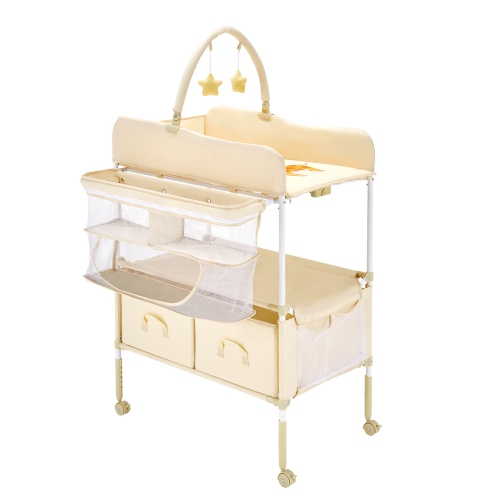 VEVOR 2 Drawers Baby Changing Table, Foldable Diaper Change Station, Side Basket & Hanging Rod, Adjustable Height Changing Table with Lockable Wheels