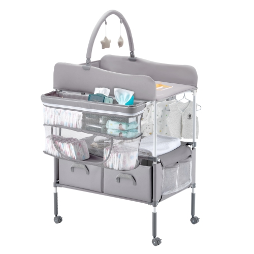 VEVOR 2 Drawers Baby Changing Table, Foldable Diaper Change Station, Side Basket & Hanging Rod, Adjustable Height Changing Table with Lockable Wheels