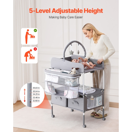 VEVOR 2 Drawers Baby Changing Table, Foldable Diaper Change Station, Side Basket & Hanging Rod, Adjustable Height Changing Table with Lockable Wheels