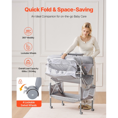 VEVOR 2 Drawers Baby Changing Table, Foldable Diaper Change Station, Side Basket & Hanging Rod, Adjustable Height Changing Table with Lockable Wheels