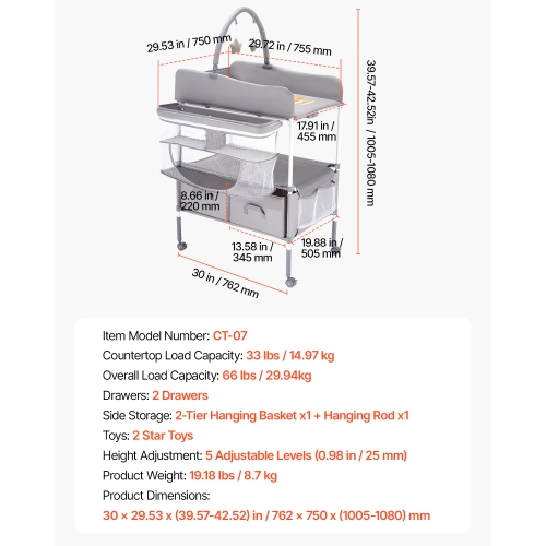VEVOR 2 Drawers Baby Changing Table, Foldable Diaper Change Station, Side Basket & Hanging Rod, Adjustable Height Changing Table with Lockable Wheels