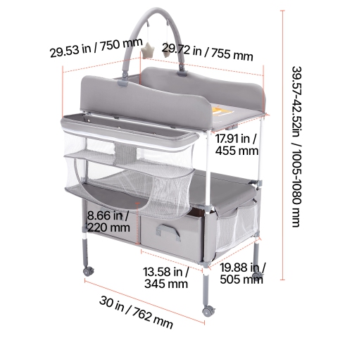 VEVOR 2 Drawers Baby Changing Table, Foldable Diaper Change Station, Side Basket & Hanging Rod, Adjustable Height Changing Table with Lockable Wheels