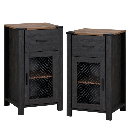 WAMPAT  Set Of 2 Farmhouse End Table With Drawer And Door Stroage, Sofa Side Bedside Table In Bedroom And Living Room, Dark Walnut And In Black