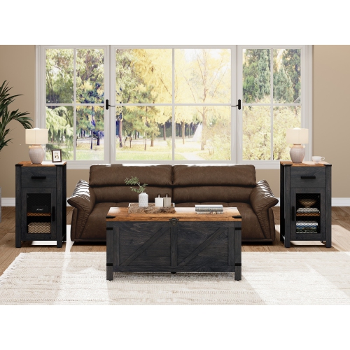 WAMPAT Set of 2 Farmhouse End Table with Drawer and Door Stroage, Sofa Side Bedside Table in Bedroom and Living Room, Dark Walnut and Black