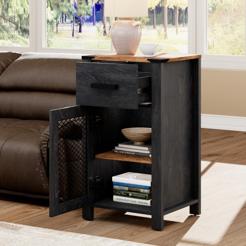 WAMPAT Set of 2 Farmhouse End Table with Drawer and Door Stroage, Sofa Side Bedside Table in Bedroom and Living Room, Dark Walnut and Black