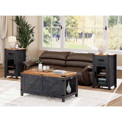 WAMPAT Set of 2 Farmhouse End Table with Drawer and Door Stroage, Sofa Side Bedside Table in Bedroom and Living Room, Dark Walnut and Black