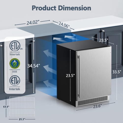 Coolski Outdoor Refrigerator 24 Inch Under-Counter Beverage Fridge 180 Cans Built-In or Freestanding