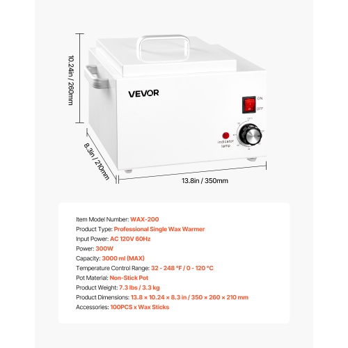 VEVOR 3000ML Single Wax Warmer, 300W Professional Wax Warmer for Hair Removal, 32 ℉- 248 ℉ Adjustable & Non-Stick Waxing Heater Pot with 100PCS
