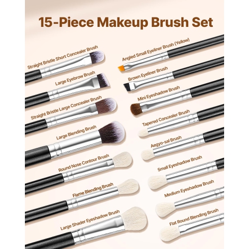 VEVOR 15-Piece Makeup Brush Set for Foundation Blending Eyeshadow, Professional Vegan Brushes with Soft Synthetic Bristles, Ergonomic Wood Handle &