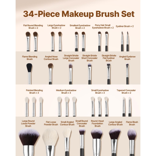VEVOR 34-Piece Makeup Brush Set, Professional Brushes Kit for Foundation Blending Eyeshadow Concealer Blush - with Soft Bristles,Ergonomic Wood