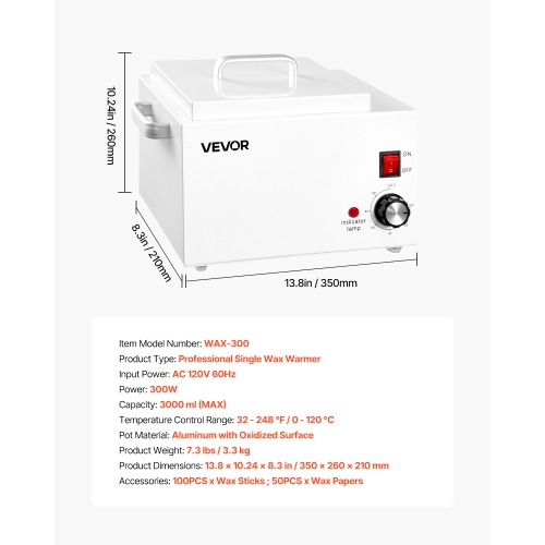 VEVOR 3000ML Single Wax Warmer, 300W Professional Wax Warmer for Hair Removal, 32 ℉ to 248 ℉ Adjustable Electric Waxing Heater Pot with 100PCS Sticks