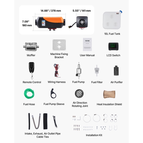VEVOR 8 kW DC12-24V Diesel Air Heater, Fast Heating Diesel Parking Heater with Remote Control and Color Digital Display, 10L Fuel Tank, Low Noise,