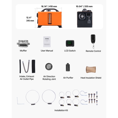 VEVOR 8 kW DC12-24V Diesel Air Heater, Fast Heating Diesel Parking Heater with Remote Control and Square Color Digital Display, Low Noise, Voice