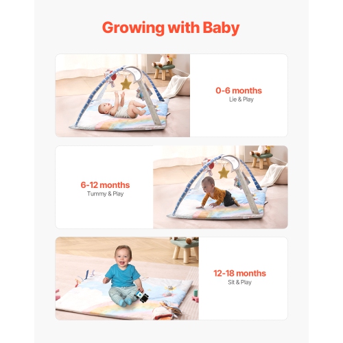 VEVOR 0-18 Month Baby Play Gym Mat, Tummy Time Mat with 6 Sensory Toys, Baby Activity Mat with Light-up Musical Rocket Toy,Baby Essential Gift for