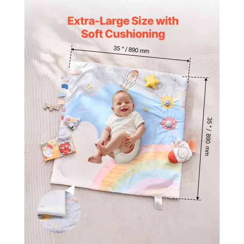 VEVOR 0-18 Month Baby Play Gym Mat, Tummy Time Mat with 6 Sensory Toys, Baby Activity Mat with Light-up Musical Rocket Toy,Baby Essential Gift for