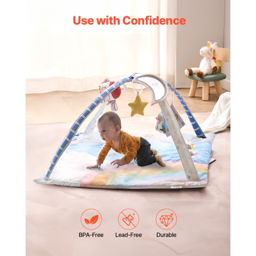 VEVOR 0-18 Month Baby Play Gym Mat, Tummy Time Mat with 6 Sensory Toys, Baby Activity Mat with Light-up Musical Rocket Toy,Baby Essential Gift for