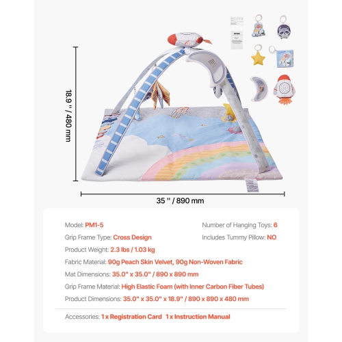VEVOR 0-18 Month Baby Play Gym Mat, Tummy Time Mat with 6 Sensory Toys, Baby Activity Mat with Light-up Musical Rocket Toy,Baby Essential Gift for
