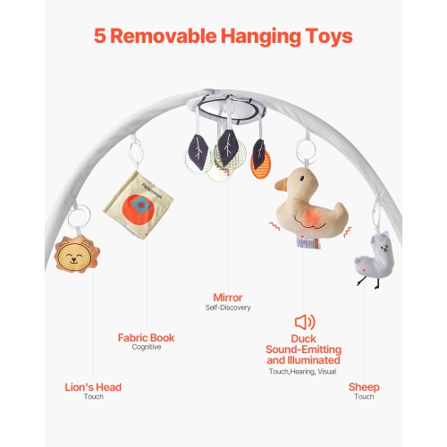 VEVOR 0-18 Months Baby Play Gym Mat, Tummy Time Mat with 5 Sensory Toys, Baby Activity Mat with Light-up Musical Duck Toy, Baby Essential Gift for