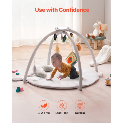 VEVOR 0-18 Months Baby Play Gym Mat, Tummy Time Mat with 5 Sensory Toys, Baby Activity Mat with Light-up Musical Duck Toy, Baby Essential Gift for