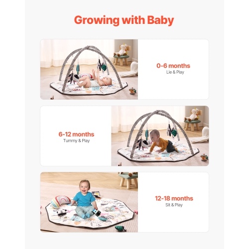 VEVOR 41.7" x 41.7" Baby Play Gym Mat, Tummy Time Mat with 6 Detachable Sensory Toys, Activity Mat with Fold-up Sides & Soft Fabric for Sensory and