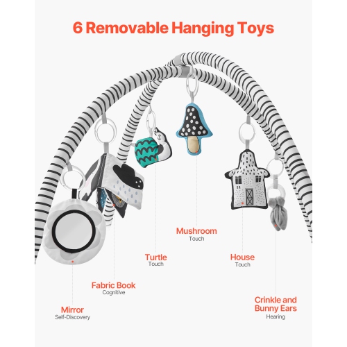 VEVOR 41.7" x 41.7" Baby Play Gym Mat, Tummy Time Mat with 6 Detachable Sensory Toys, Activity Mat with Fold-up Sides & Soft Fabric for Sensory and